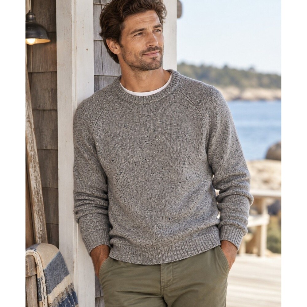 Faherty Mens Large Merino Wool Alpaca Donegal Crewneck Sweater Gray Flecked Knit